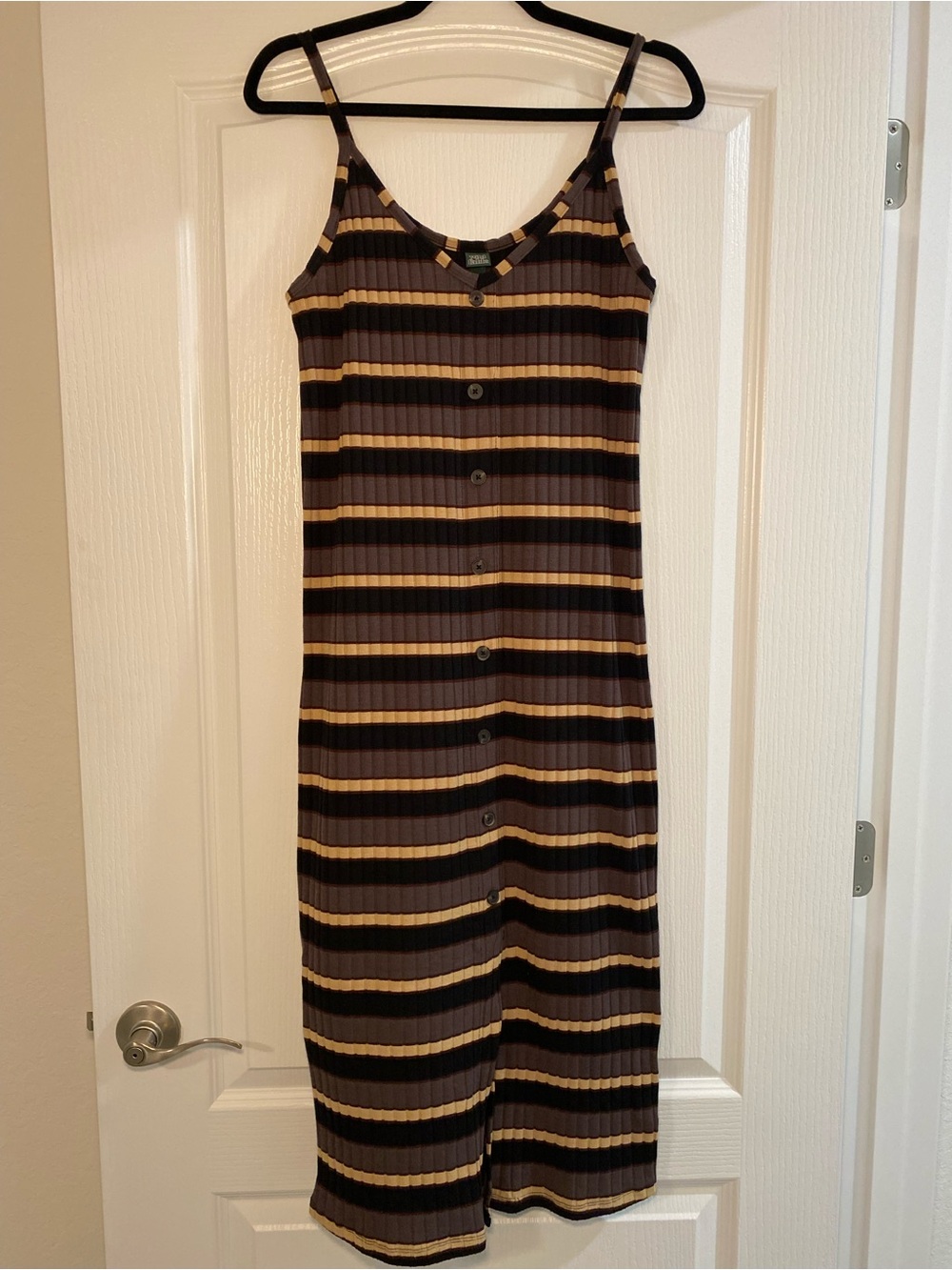 wild fable Brown & Cream Striped Ribbed Button-Front Midi Dress